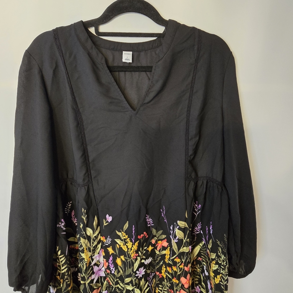 OLD NAVY Women's Size L shear black floral L/Sl babydoll midi dress